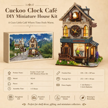 Cuckoo Clock Cafe DIY Miniature House Kit promotional graphic showing the assembled miniature house, its retail box, and product specifications on a beige background.