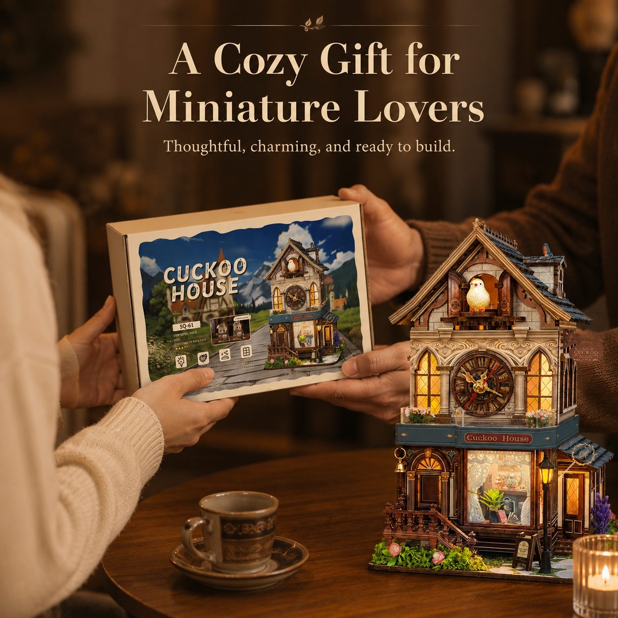 A cozy gift set featuring a miniature house model and its packaging box, held by two people in a warmly lit indoor setting. The box is labeled 'CUCKOO HOUSE,' and the assembled miniature house beside it is detailed with warm glowing lights, small figurines, and decorative elements.