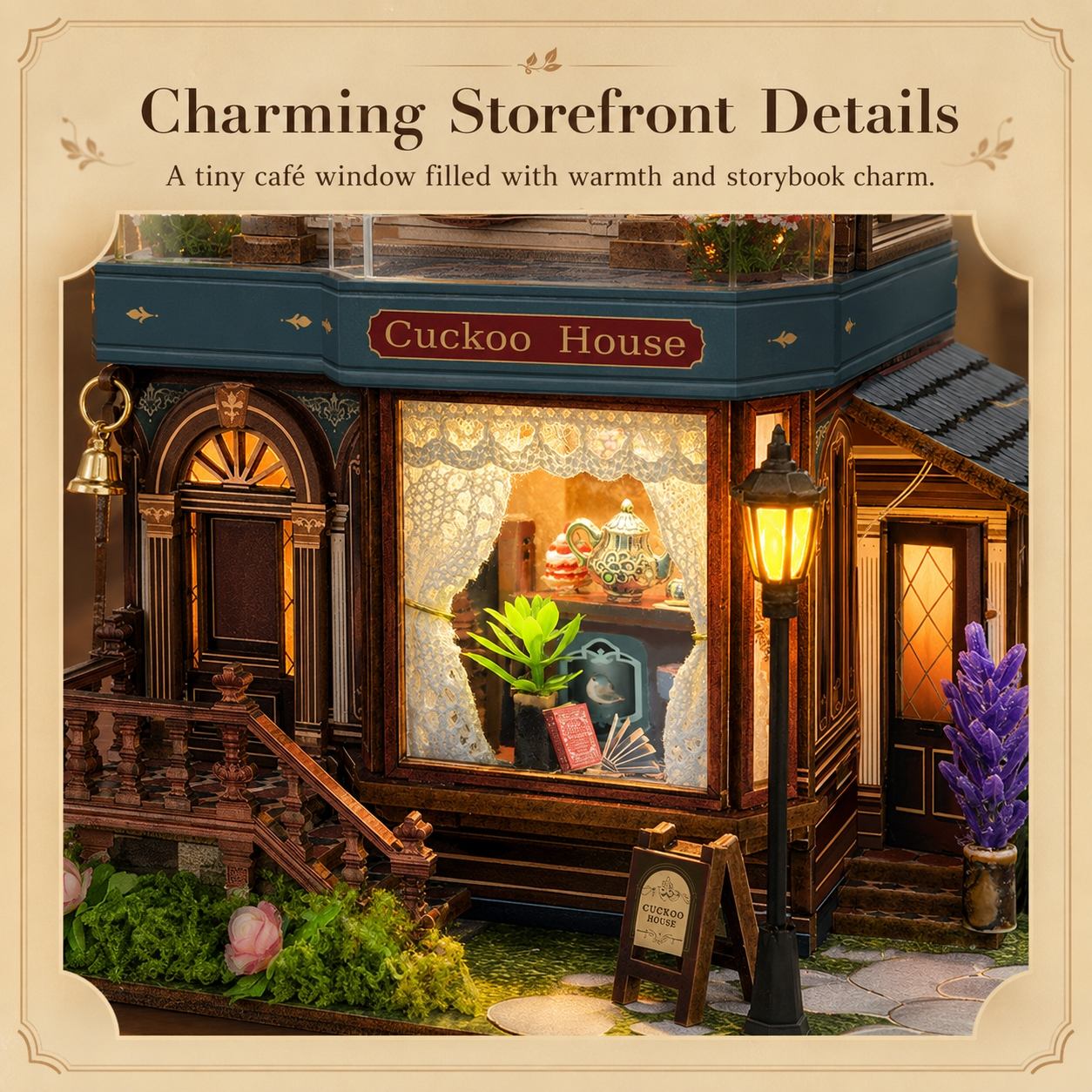 A miniature diorama of a cozy storefront named 'Cuckoo House,' with a warmly lit window, decorative plants, a street lamp, and detailed architectural elements, presented on a beige illustrated background with the text 'Charming Storefront Details.'.