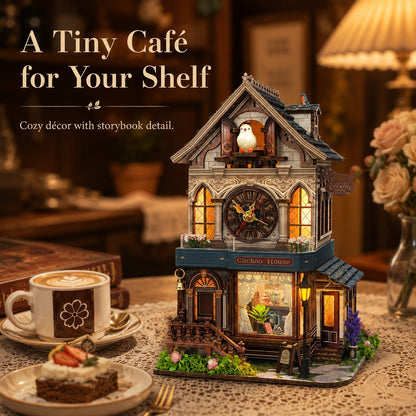 A decorative miniature house-shaped night light or lamp labeled 'Cuckoo House,' shown on a lace tablecloth with a cup of coffee, a slice of cake, and a warm lamp in the background. Text on the image reads 'A Tiny Café for Your Shelf' and 'Cozy décor with storybook detail.