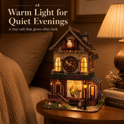 A decorative miniature house-shaped night light with warm glowing windows and a clock face, displayed on a wooden table in a cozy room setting with a lamp and text overlay reading 'Warm Light for Quiet Evenings'.
