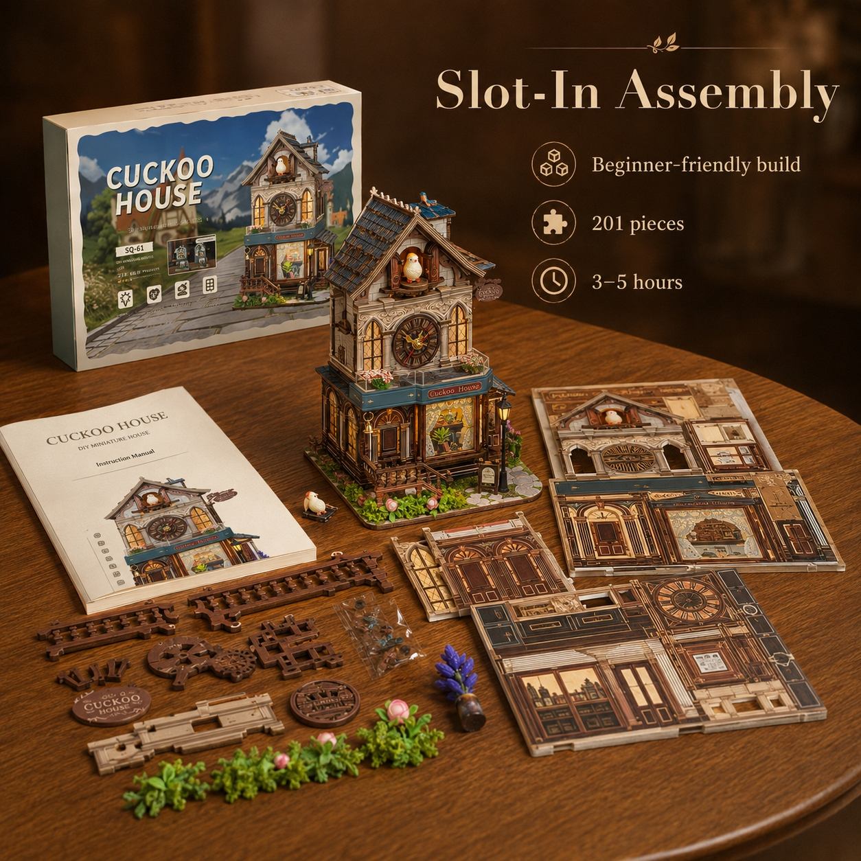 Cuckoo House wooden puzzle set displayed on a wooden table with its box, instruction booklet, assembled model, and multiple flat panel pieces. Text on the image highlights beginner-friendly slot-in assembly, 201 pieces, and a 3-5 hour build time.