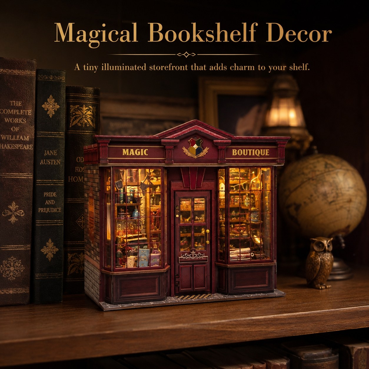 A miniature red bookshelf decor piece shaped like a vintage bookshop storefront with glowing warm interior lights, displayed on a wooden shelf among books, a globe, and an owl figurine.
