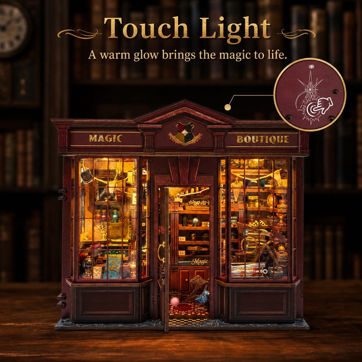 A decorative miniature shop display labeled 'MAGIC BOUTIQUE' with warm glowing interior lights, shown on a wooden surface against a dark bookshelf background. Text at the top reads 'Touch Light' and 'A warm glow brings the magic to life.