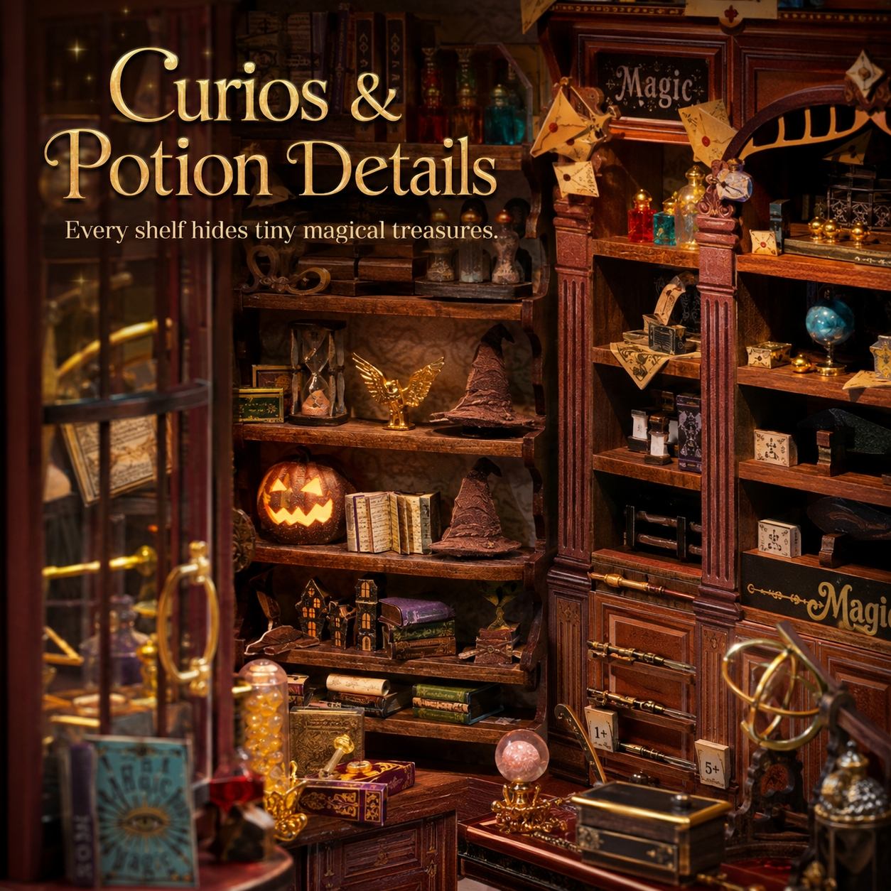 A cozy, dark wood magical library shelf display filled with tiny decorative items including books, potion bottles, a glowing jack-o'-lantern, a wizard hat, globes, and small ornate objects. Large overlaid text reads 'Curios & Potion Details' with smaller text 'Every shelf hides tiny magical treasures.