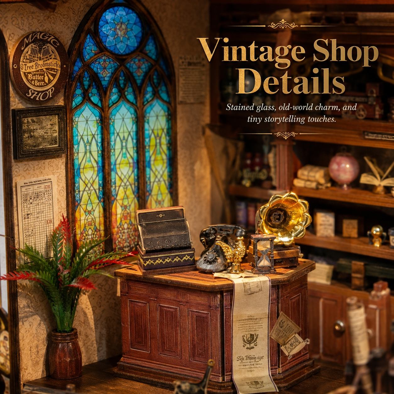 A cozy vintage shop interior with a wooden counter, antique gramophone, stained glass window, and warm decorative lighting. Large overlaid text reads 'Vintage Shop Details' with smaller descriptive copy.