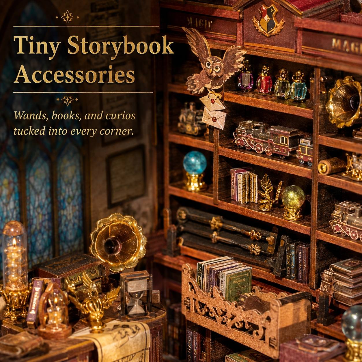 A cozy, miniature-style library or study scene filled with tiny decorative books, shelves, an owl figurine, a gramophone, and small magical accessories. Large overlaid text reads 'Tiny Storybook Accessories' with a subtitle about wands, books, and curios tucked into every corner.
