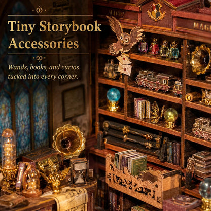 A cozy, miniature-style library or study scene filled with tiny decorative books, shelves, an owl figurine, a gramophone, and small magical accessories. Large overlaid text reads 'Tiny Storybook Accessories' with a subtitle about wands, books, and curios tucked into every corner.