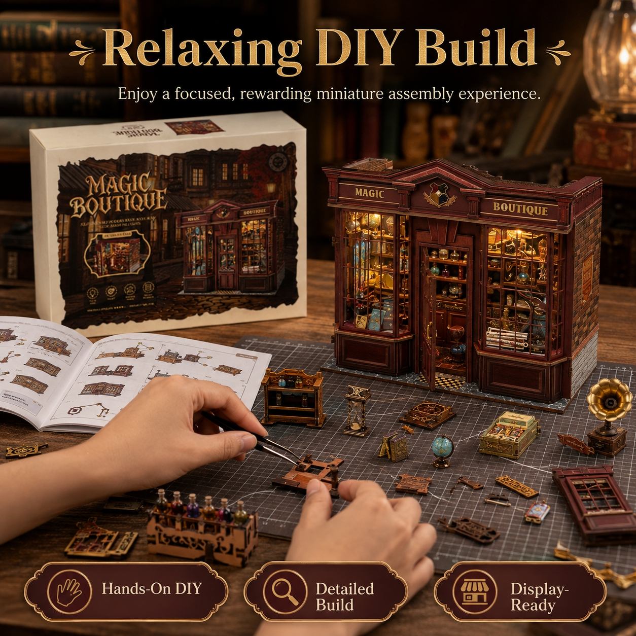 A miniature DIY assembly kit for a fantasy boutique, shown with its box, open instruction manual, and hands assembling the detailed wooden model on a cutting mat. The scene is warmly lit with cozy background elements.