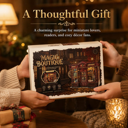 A person holds a boxed gift product labeled "Magic Boutique" in a cozy indoor setting with warm lighting, wrapped presents, and promotional text above reading "A Thoughtful Gift.".