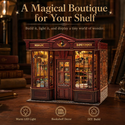 A miniature DIY wooden model of a magical bookstore or boutique, styled like Magic Shop, shown lit up on a wooden table with a blurred library background. Text overlays describe the warm LED light, bookshelf decoration, and DIY build features.