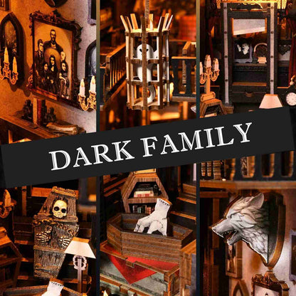 image display six miniature scenarios in the finished Dark Family DIY Book Nook Kit