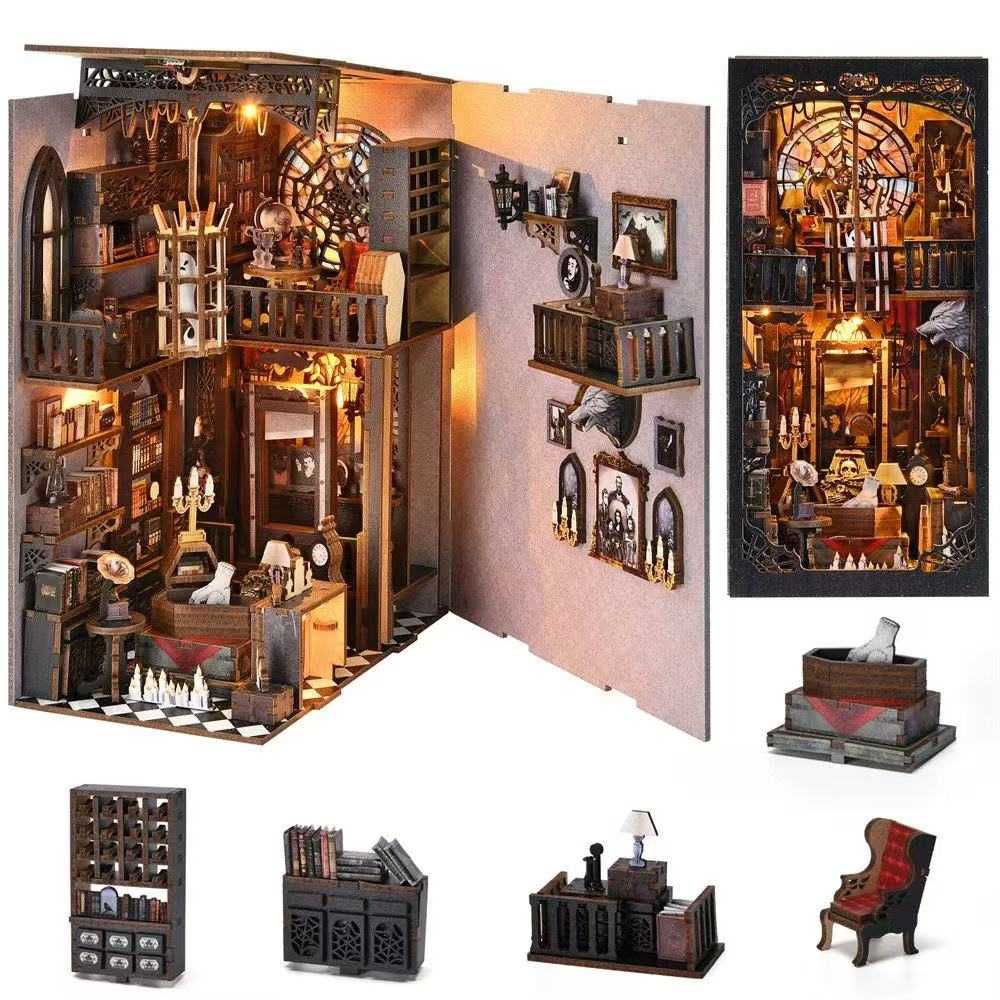 image displaying the interior design, front side and main miniature items of Dark Family DIY Book Nook Kit