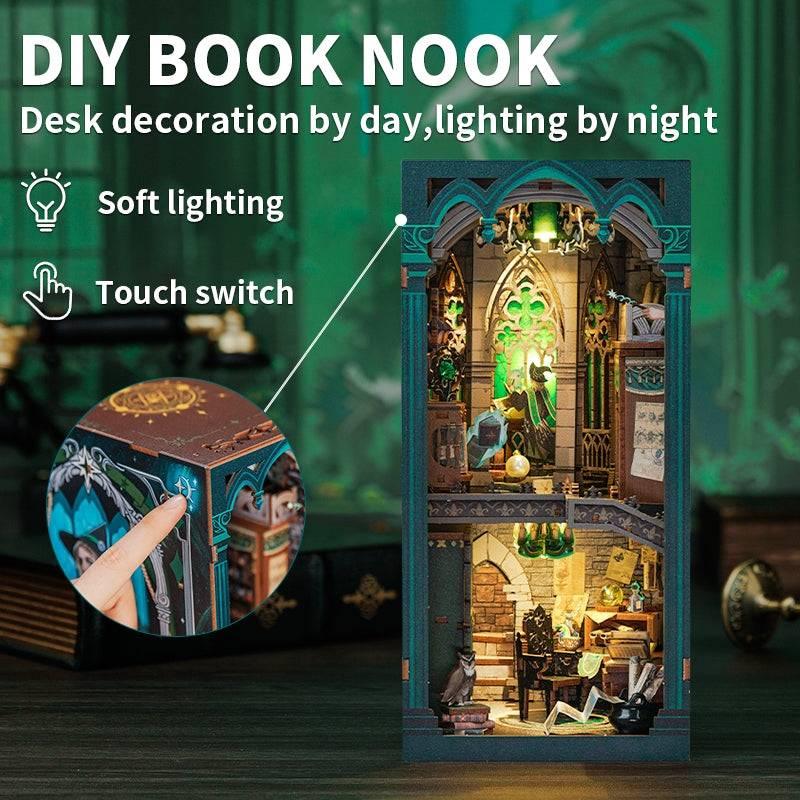 Darkness Common Room DIY Book Nook Kit, a magic college series miniature crafts inspired by Harry Potter, with abundant scenes, snap-in design, dust cover, perfect for bookend lovers, model building lovers, dollhouse collectors, bookshelf insert decor. A great DIY project for wizarding world lovers.