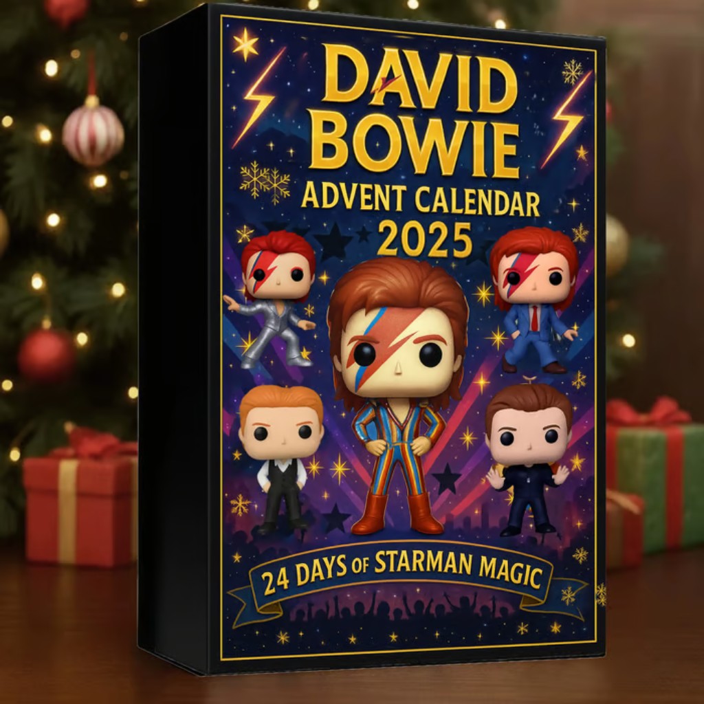David Bowie Advent Calendar 2025 with character illustrations on a festive background