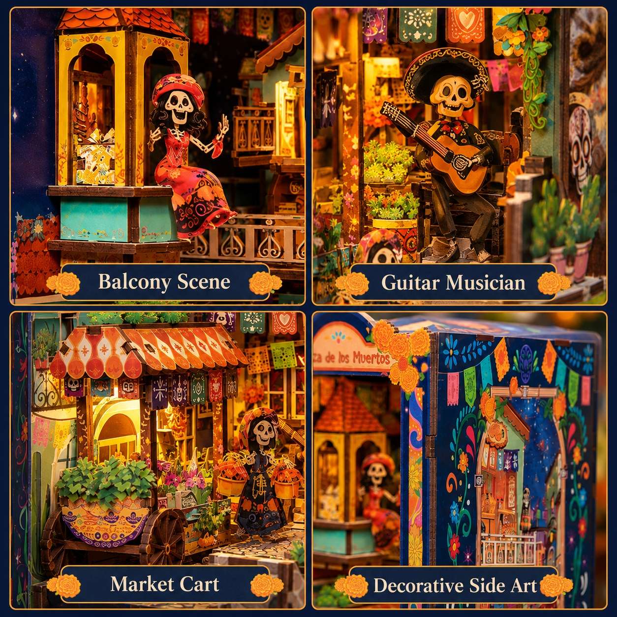 A four-panel collage showing different decorated miniature Dia de los Muertos scene options: a balcony scene, a guitar musician, a market cart, and decorative side art. Each panel shows a colorful assembled miniature display with skeleton figures, candles, flowers, banners, and warm ambient lighting.