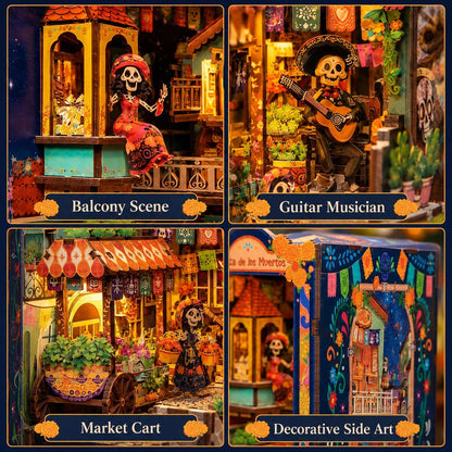 A four-panel collage showing different decorated miniature Dia de los Muertos scene options: a balcony scene, a guitar musician, a market cart, and decorative side art. Each panel shows a colorful assembled miniature display with skeleton figures, candles, flowers, banners, and warm ambient lighting.