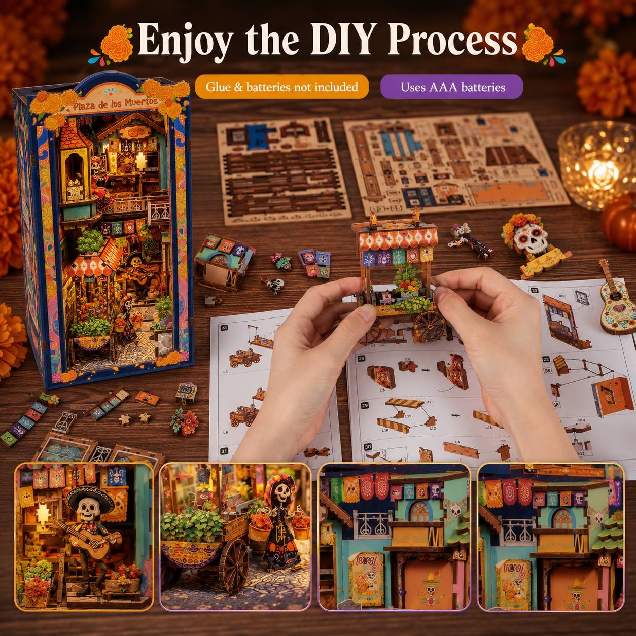 DIY dollhouse building kit shown with a completed multi-level house, instruction sheets, small building pieces, and hands assembling a small house. The scene includes decorative autumn props and text reading 'Enjoy the DIY Process' and 'Uses AAA batteries.