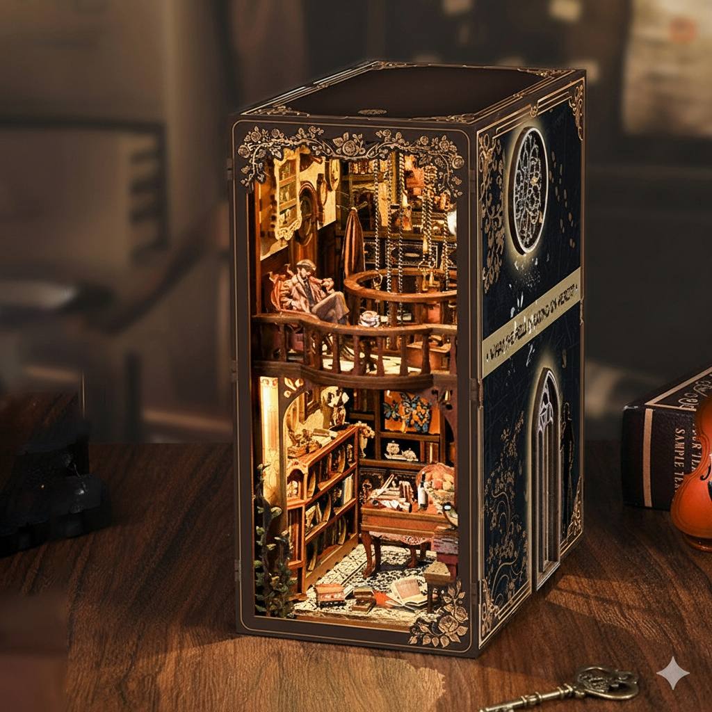 Detailed model of a miniature Detective's Study inside a book nook case with warm light on a wooden surface.