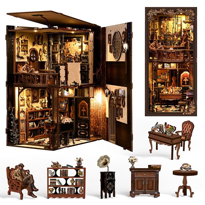 Detailed model of a miniature Detective's Study room with furniture and decor, including a safe and various items.
