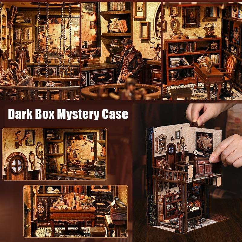 Collage of a detailed miniature model Detective's Study room with furniture and decor, labeled 'Dark Box Mystery Case'.