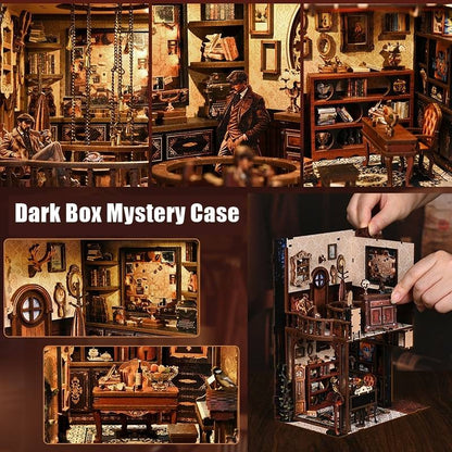 Collage of a detailed miniature model Detective's Study room with furniture and decor, labeled 'Dark Box Mystery Case'.