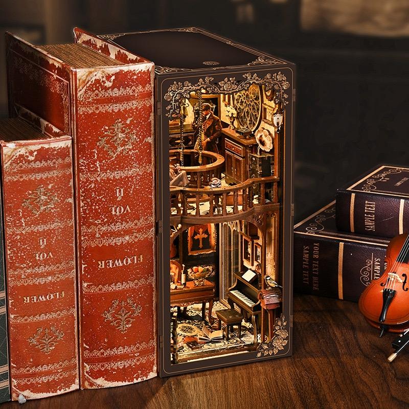 Decorative wooden book nook with a hidden miniature Detective's Study inside