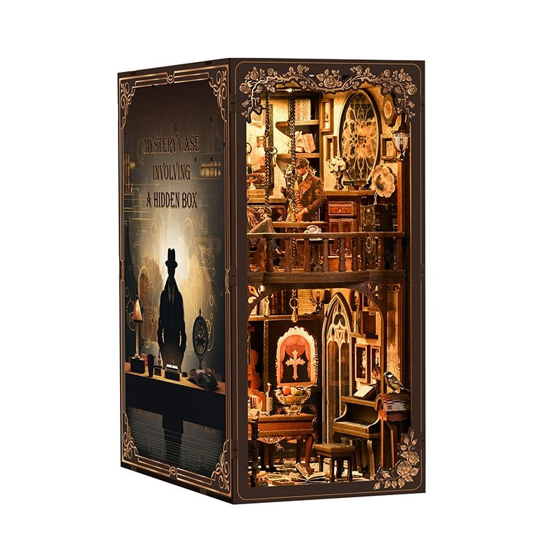Decorative wooden Book Nook of Detective's Room themed with intricate design and visible contents on a white background