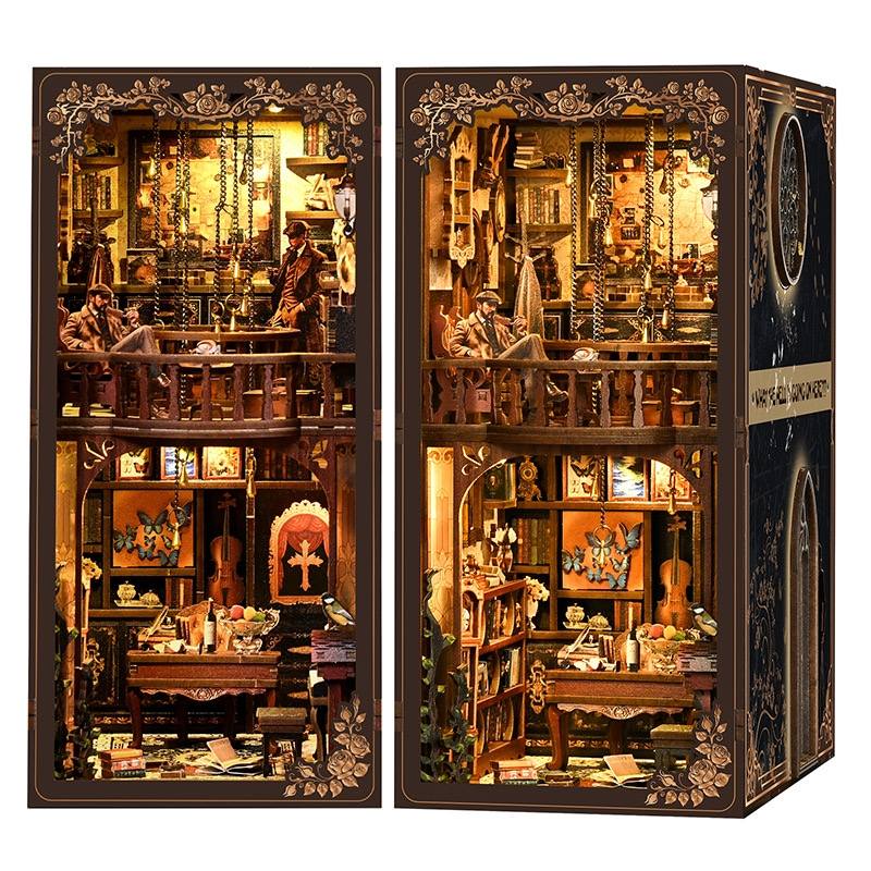 Detailed Miniature Model of a Detective's Study with various elements inside a wooden book nook case
