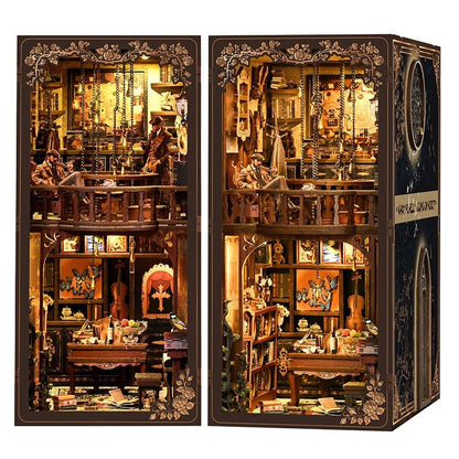 Detailed Miniature Model of a Detective's Study with various elements inside a wooden book nook case