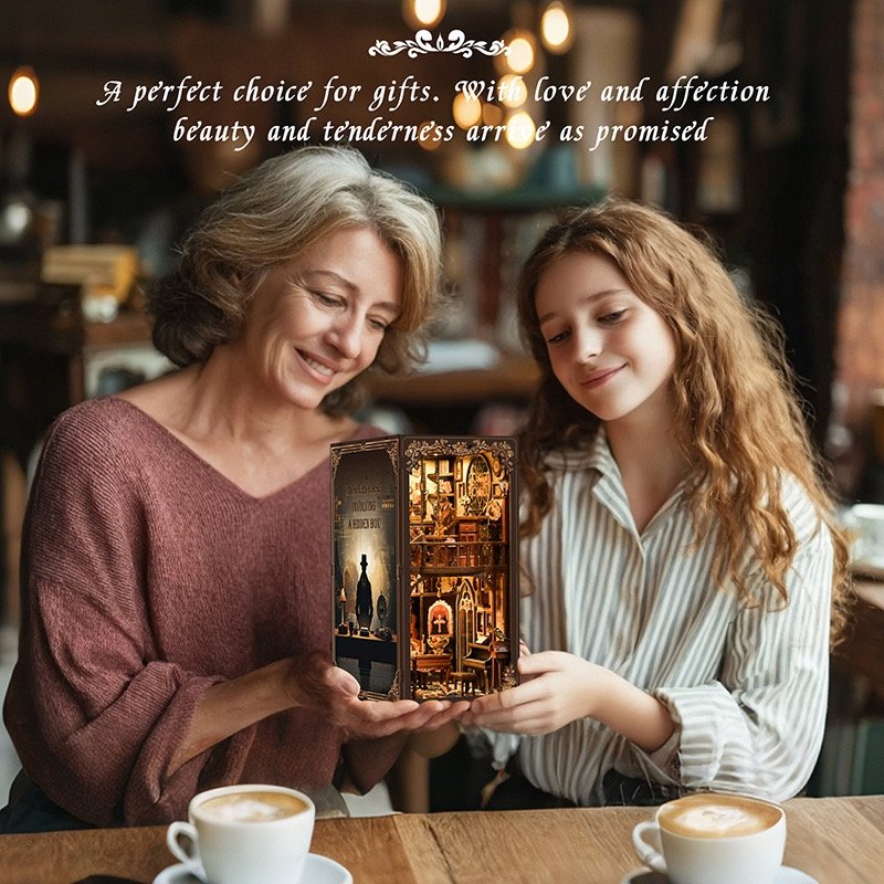 Woman and young girl looking at a decorative Detective's Study Book Nook together in a cozy setting.