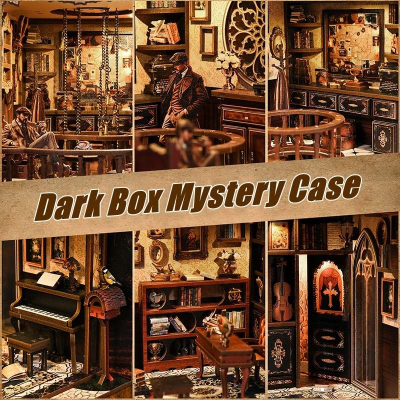 Collage of a vintage-style Detective's Study room with 'Dark Box Mystery Case' text overlay.