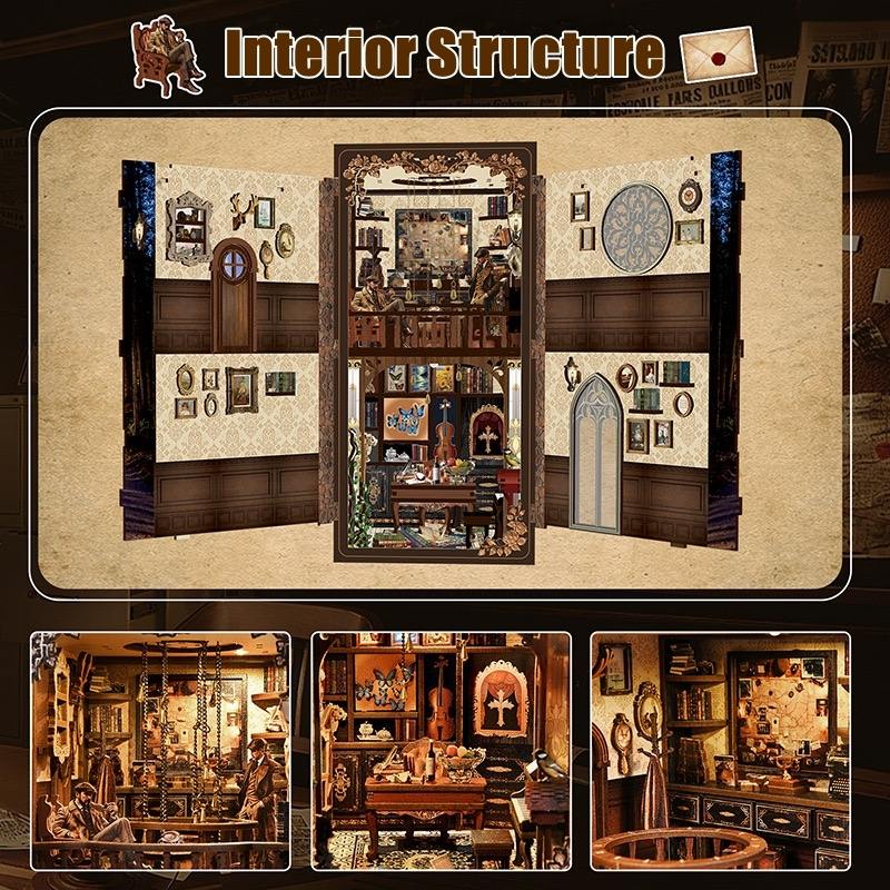 Collage of a detailed interior structure Detective's Study room with various rooms and furniture in wooden book nook
