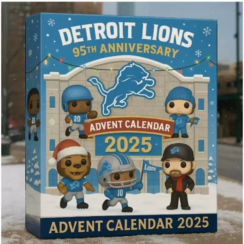 Detroit Lions 95th Anniversary Advent Calendar 2025 with characters and building design.