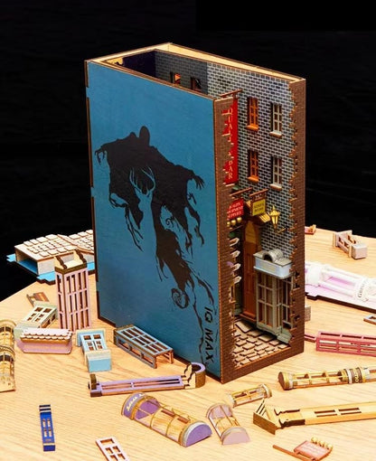 Colored Version of Diagon Alley DIY Book Nook Kit, A charming bookshelf insert decor miniature 3d wooden puzzles inspired by Harry Potter, perfect for crafting enthusiasts and dollhouse collectors alike. Left side view