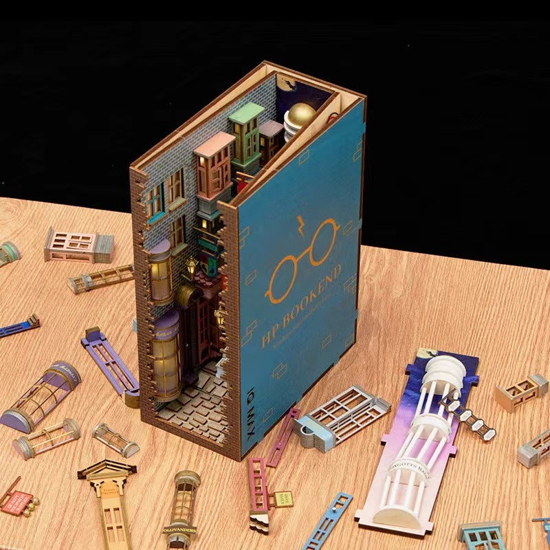 Colored Version of Diagon Alley DIY Book Nook Kit, A charming bookshelf insert decor miniature 3d wooden puzzles inspired by Harry Potter, perfect for crafting enthusiasts and dollhouse collectors alike. top side view