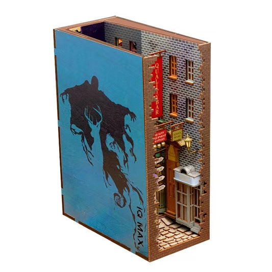 Colored Version of Diagon Alley DIY Book Nook Kit, A charming bookshelf insert decor miniature 3d wooden puzzles inspired by Harry Potter, perfect for crafting enthusiasts and dollhouse collectors alike.