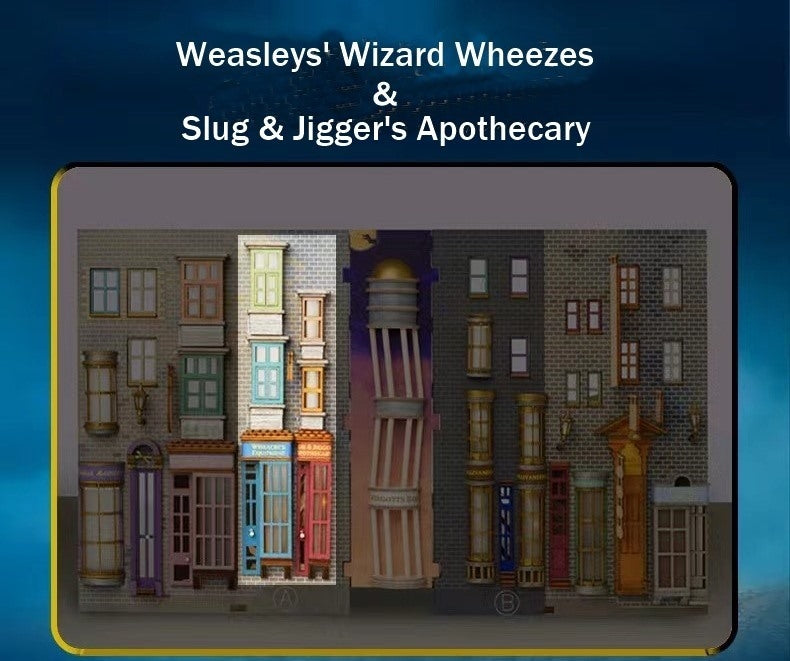 Colored Version of Diagon Alley DIY Book Nook Kit, A charming bookshelf insert decor miniature 3d wooden puzzles inspired by Harry Potter, perfect for crafting enthusiasts and dollhouse collectors alike. Weasley's Wizard Wheezes and The Apothecary