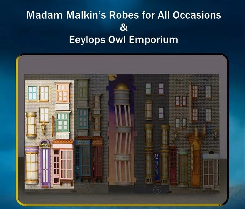 Colored Version of Diagon Alley DIY Book Nook Kit, A charming bookshelf insert decor miniature 3d wooden puzzles inspired by Harry Potter, perfect for crafting enthusiasts and dollhouse collectors alike. Madam Malkin's Robes and Eeylops Owl Emporium