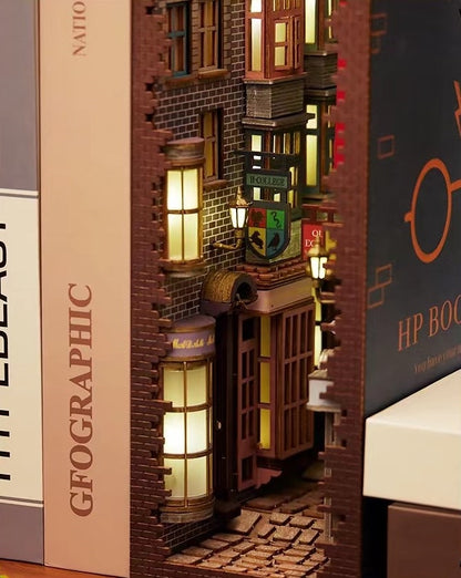 Colored Version of Diagon Alley DIY Book Nook Kit, A charming bookshelf insert decor miniature 3d wooden puzzles inspired by Harry Potter, perfect for crafting enthusiasts and dollhouse collectors alike. Right Side view