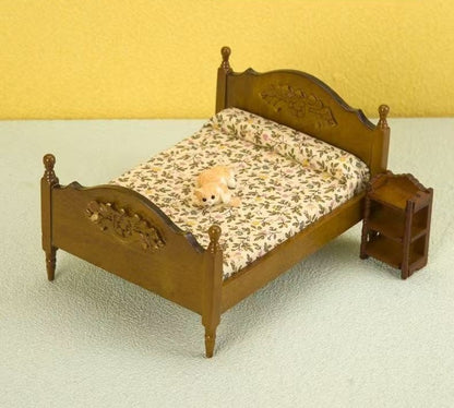 Dollhouse Bedroom Miniature Walnut Wood Double Bed in 1:12 scale