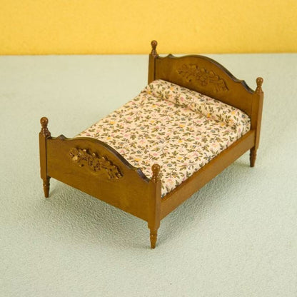 Dollhouse Bedroom Miniature Walnut Wood Double Bed in 1:12 scale