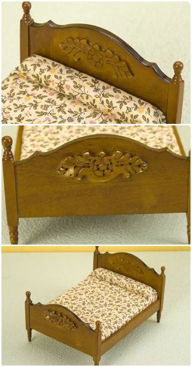 Dollhouse Bedroom Miniature Walnut Wood Double Bed in 1:12 scale