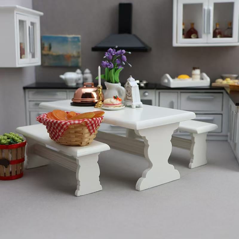 Dollhouse Furniture Picnic Table and Bench Set, including table and bench in 1:12 scale. Ideal for miniature outdoor scene