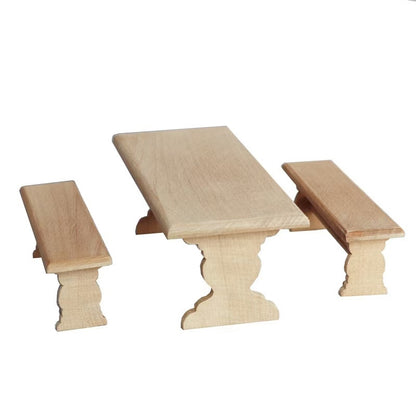 Dollhouse Furniture Picnic Table and Bench Set, including table and bench in 1:12 scale. Ideal for miniature outdoor scene