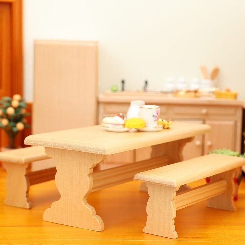 Dollhouse Furniture Picnic Table and Bench Set, including table and bench in 1:12 scale. Ideal for miniature outdoor scene