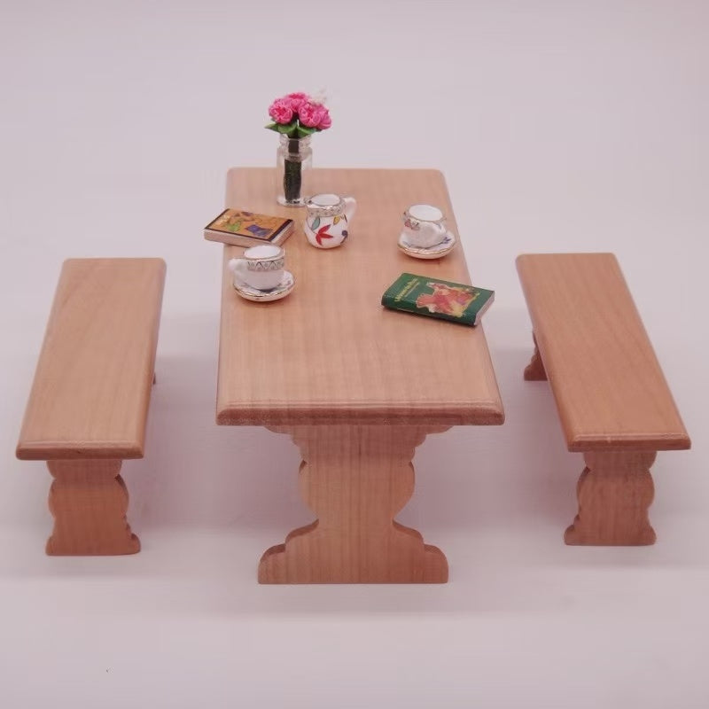 Dollhouse Furniture Picnic Table and Bench Set, including table and bench in 1:12 scale. Ideal for miniature outdoor scene