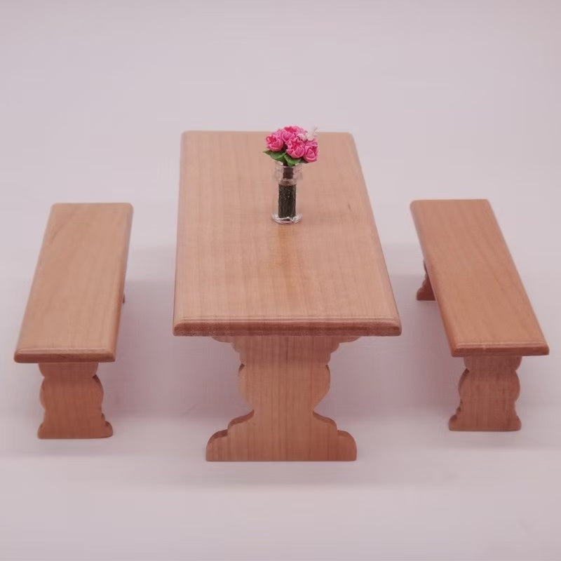 Dollhouse Furniture Picnic Table and Bench Set, including table and bench in 1:12 scale. Ideal for miniature outdoor scene