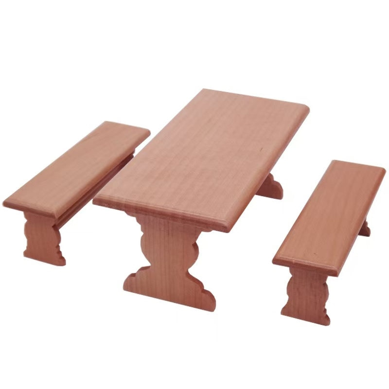 Dollhouse Furniture Picnic Table and Bench Set, including table and bench in 1:12 scale. Ideal for miniature outdoor scene