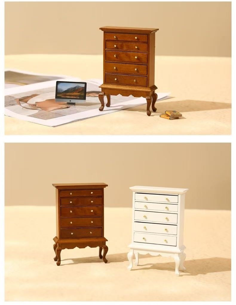 Miniature Bedroom 5-Drawer Chest Wood Dresser for Dollhouses in 1:12 scale